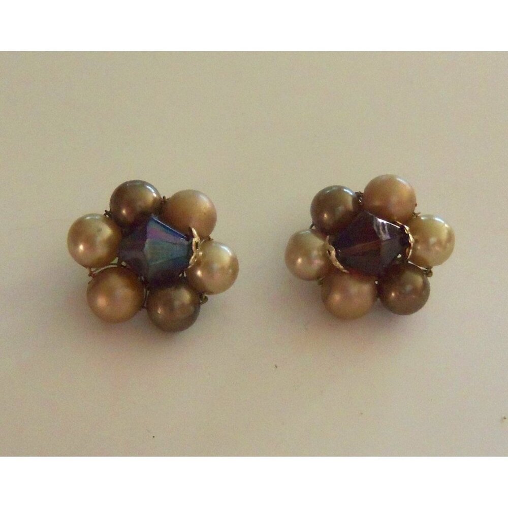 Mid-Century Cluster Earrings - Petite Pearly Beads with Purple Faceted Center
